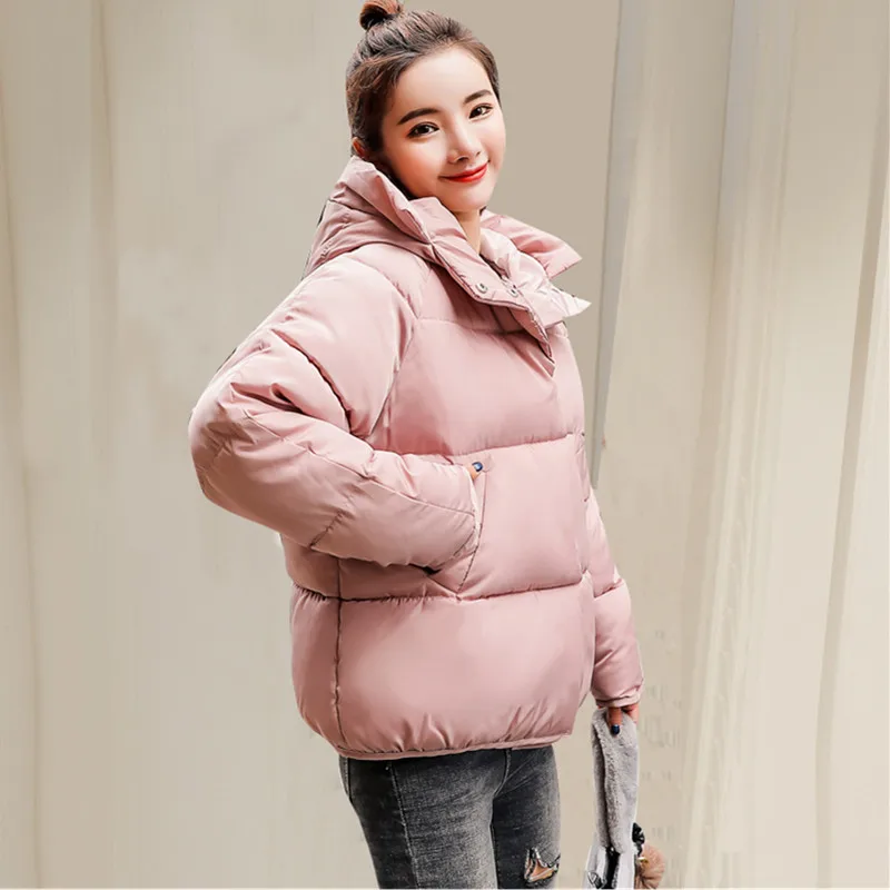 UHYTGF Winter Jacket Parka Women's Casual Pocket Hooded Outerwear Zipper Streetwear Parkas Warm Short Cotton Overcoat Female 145