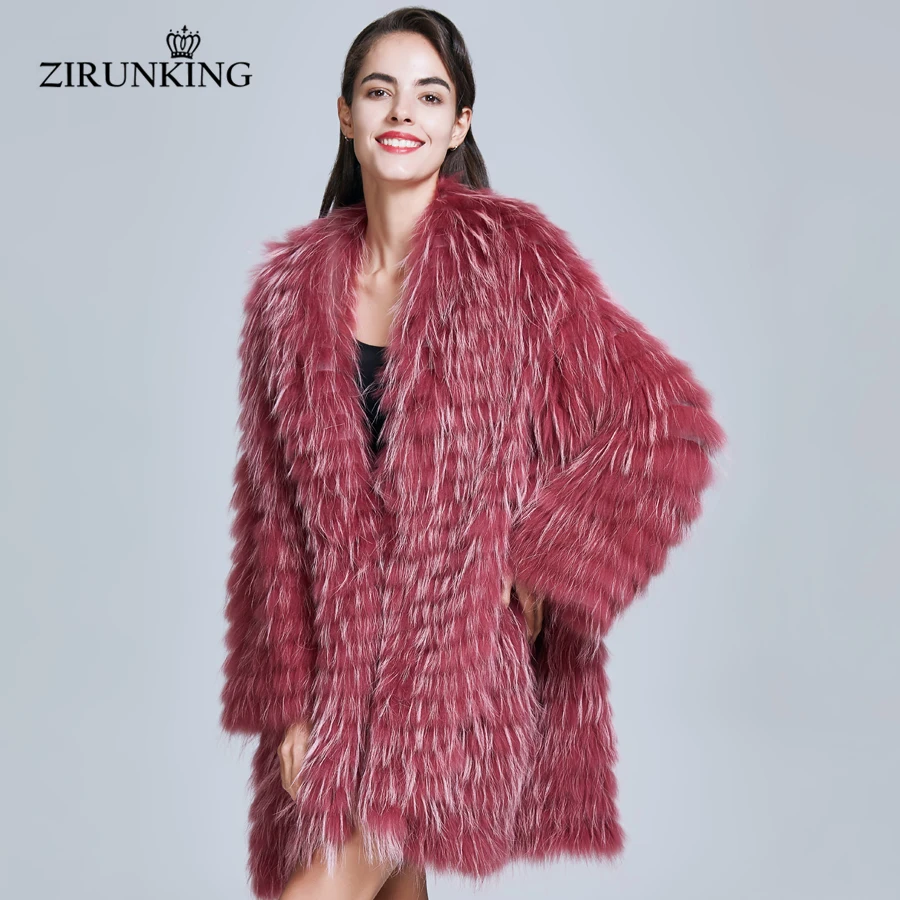 

ZIRUNKING Fashion Real Raccoon Fur Coats Women Natural Fur Parkas Knitted Stripe Outerwear Female Luxury Clothes ZC1739