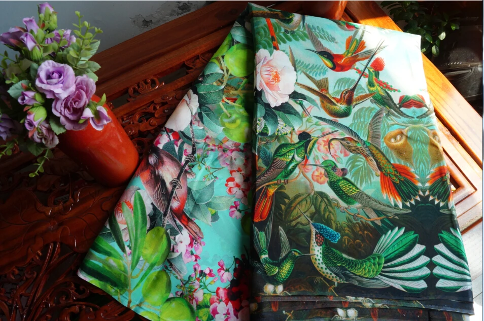 2021 silk dress shirt cloth silk dress fabric crepe de chine Flower color printed fabric fragment of Parrot Jungle