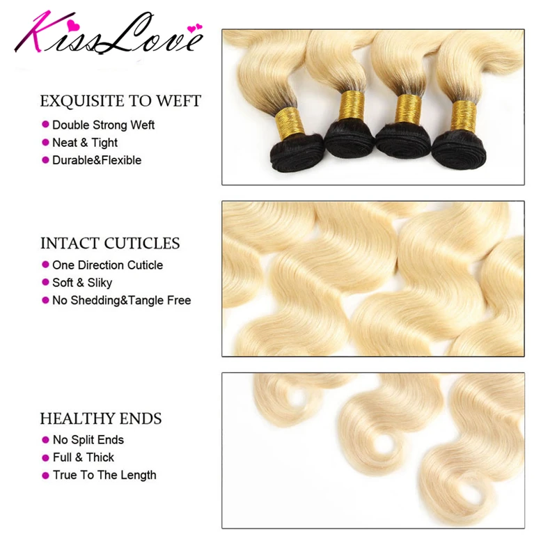 Kiss Love-extensiones de cabello humano malayo, mechones de pelo ondulado con cierre, Color 1B 613, 4 piezas, 100%