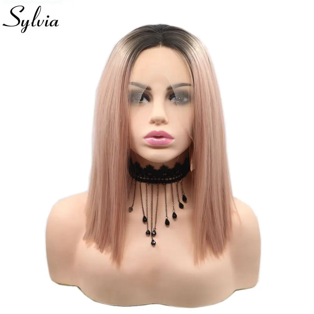 

Sylvia Ombre Hair Rose Gold Pink Straight Wig Short Bob Synthetic Lace Front Wig Middle Part Heat Resistant Cosplay Wig HandTied