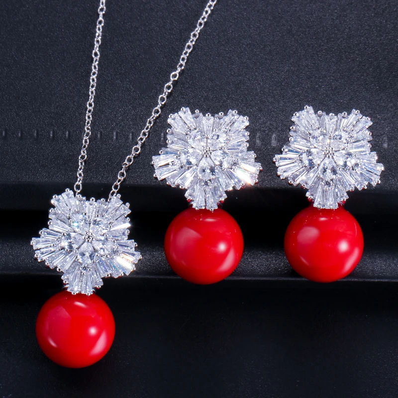 CWWZircons Top Quality Silver Color AAA+ Cubic Zirconia Flower Women Big Pearl Necklace Pendant and Earrings Jewelry Sets T049