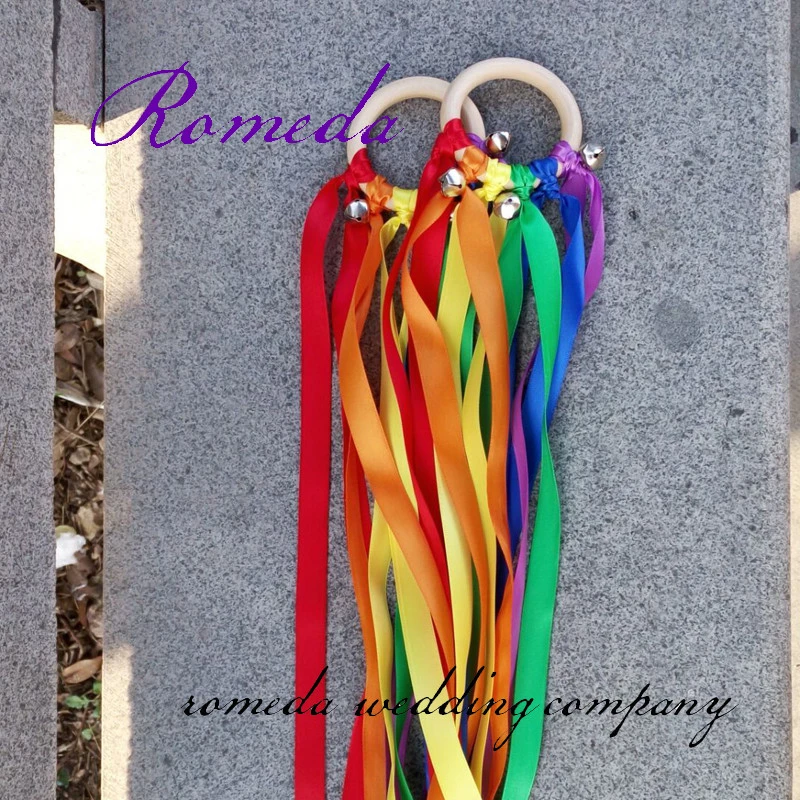 New Arrived Rainbow Color Stain ribbon Wooden Ring With Bell Birthday Party Favors