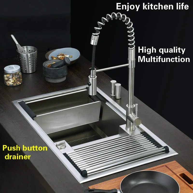 Free shipping Apartment big wash vegetables kitchen manual sink double groove push button drainer 304 stainless steel 86x50 CM