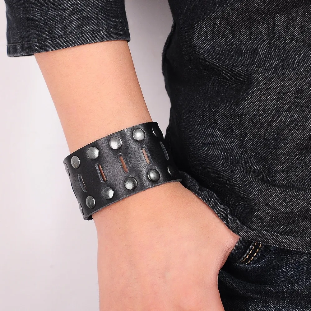 OBSEDE Fashion Wide Genuine Leather Bracelet for Men Brown Wide Cuff Bracelets & Bangle Wristband Vintage Punk Male Jewelry Gift image 5