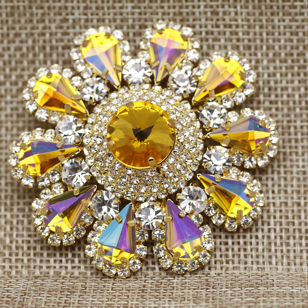 55mm colorful Round Flower Shape sew on rhinestone with golden claw setting Rhinestone Buttons for clothing Dress decoration