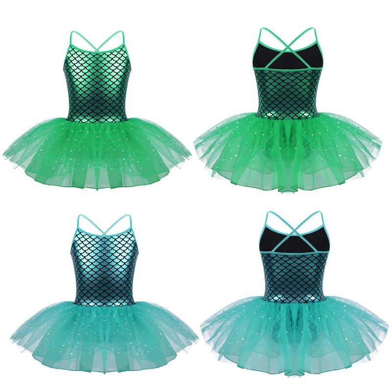 IIXPIN Girls Ballet tutu Dress Glitter Mermaid Costume Spaghetti Shoulder Straps Scales Pattern Printed Dance Gymnastics Leotard