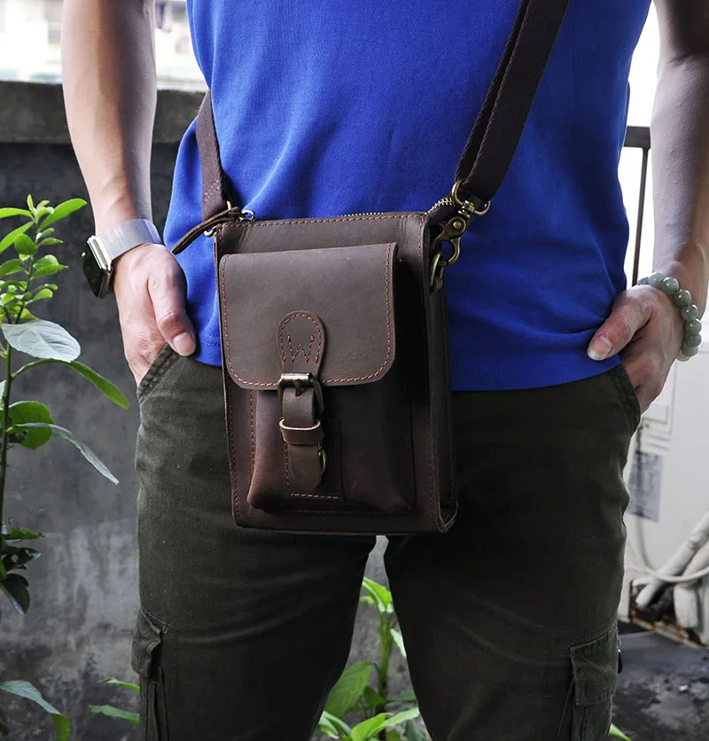 Genuine Leather Men Multifunction Casual Design Small Messenger One Shoulder Crossbody Bag Waist Belt Bag Phone Pouch 6402