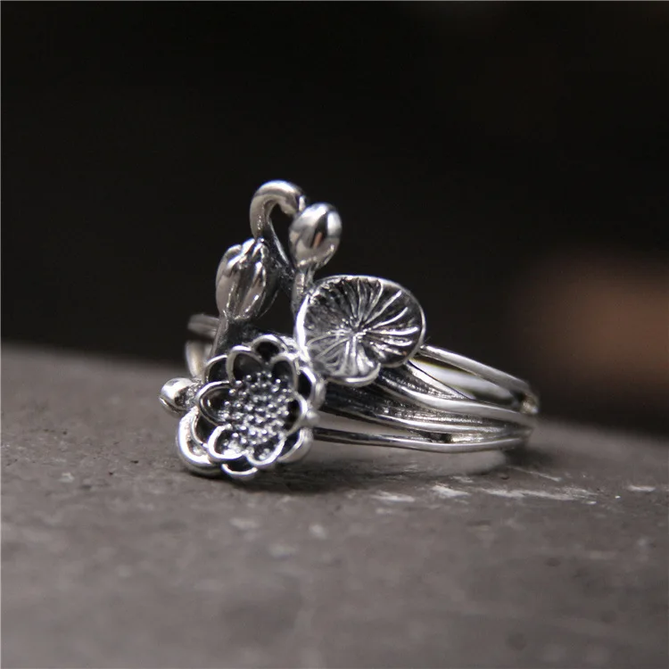 

100%S925 pure silver ring restoring ancient ways of literature and art Thai silver lotus lotus personality opening ring