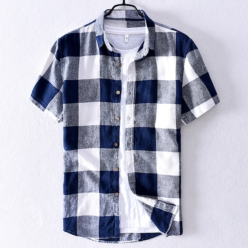 New Design Short-sleeved Linen Plaid Shirt Men Brand Italy Fashion Shirts For Men Casual Clothes Chemise Camisas De Hombre