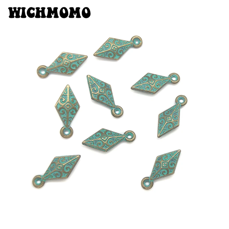 Nowa Moda 20 szt./worek 16*8MM Stop Cynku Antyczny Zielony Metalowy Wzór Rombu Zawieszki Charms do Samodzielnego Wyrobu Kolczyków i Akcesoriów Biżuteryjnych