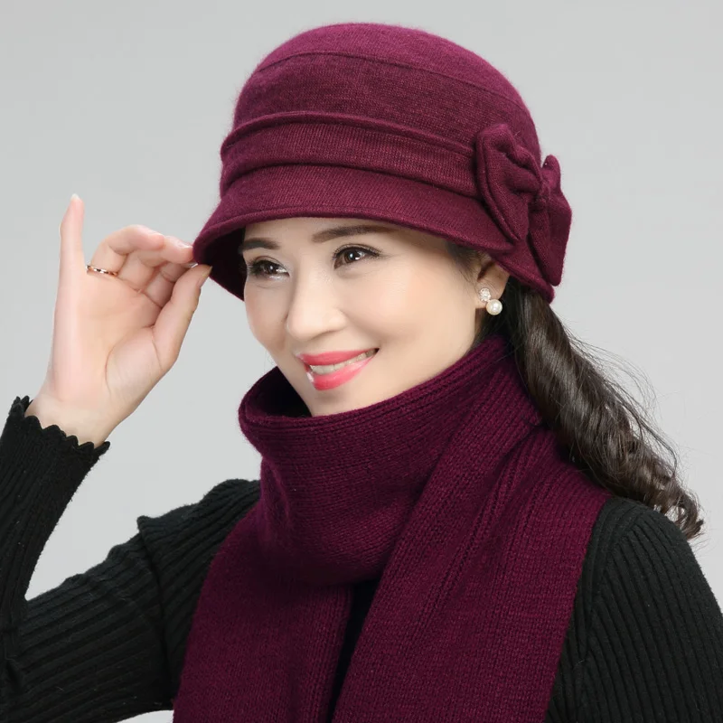 Middle-aged Mother Hat Female Autumn Winter Rabbit Wool Cap Lady Warm Grandma Scarf Women Fashion Elegant Bowknot Hats H7166