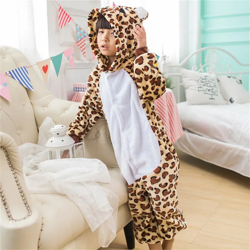 Leopard Kigurumi Onesie For Children Animals Cosplay Costume Pajama Set Flannel Warm Hooded Suit Boys Girls Lovely Party Fancy