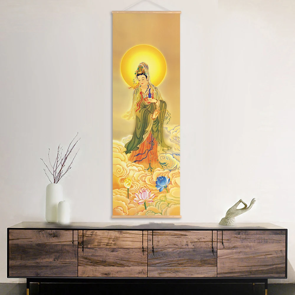 Wall Art Avalokitesvara Bodhisattva Thangka Buddhism Scroll Painting with wooden hanger Realistic Art Canvas Painting