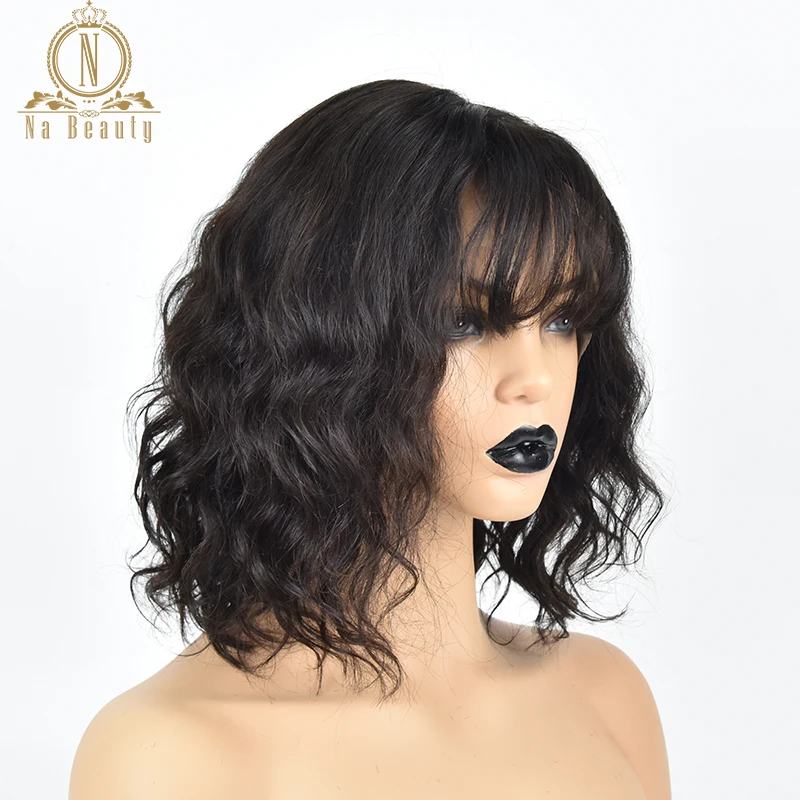 

13x4 Lace Front Short Wavy Bob Wig With Bangs Glueless Peruvian Human Hair Wigs Black Remy Baby Hair For Women 150% Na Beauty