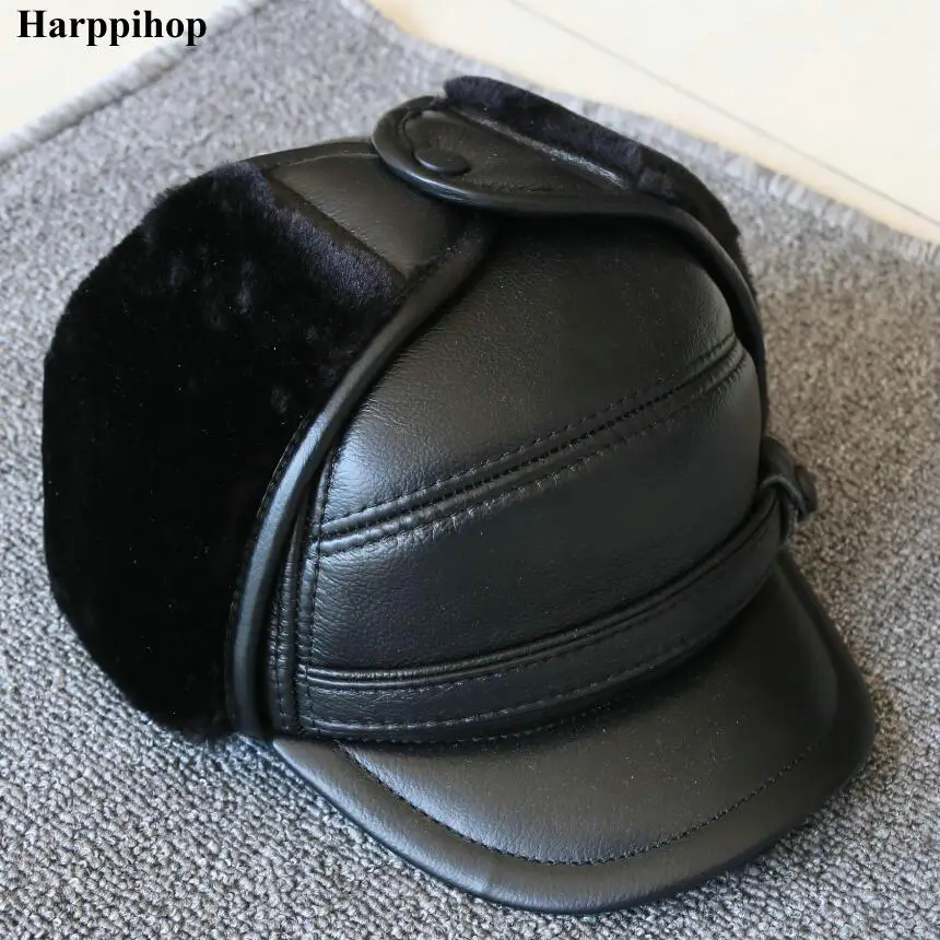 Genuine leather  cap hat men's brand new cow skin leather hats caps ear flap black brown with Faux fur inside