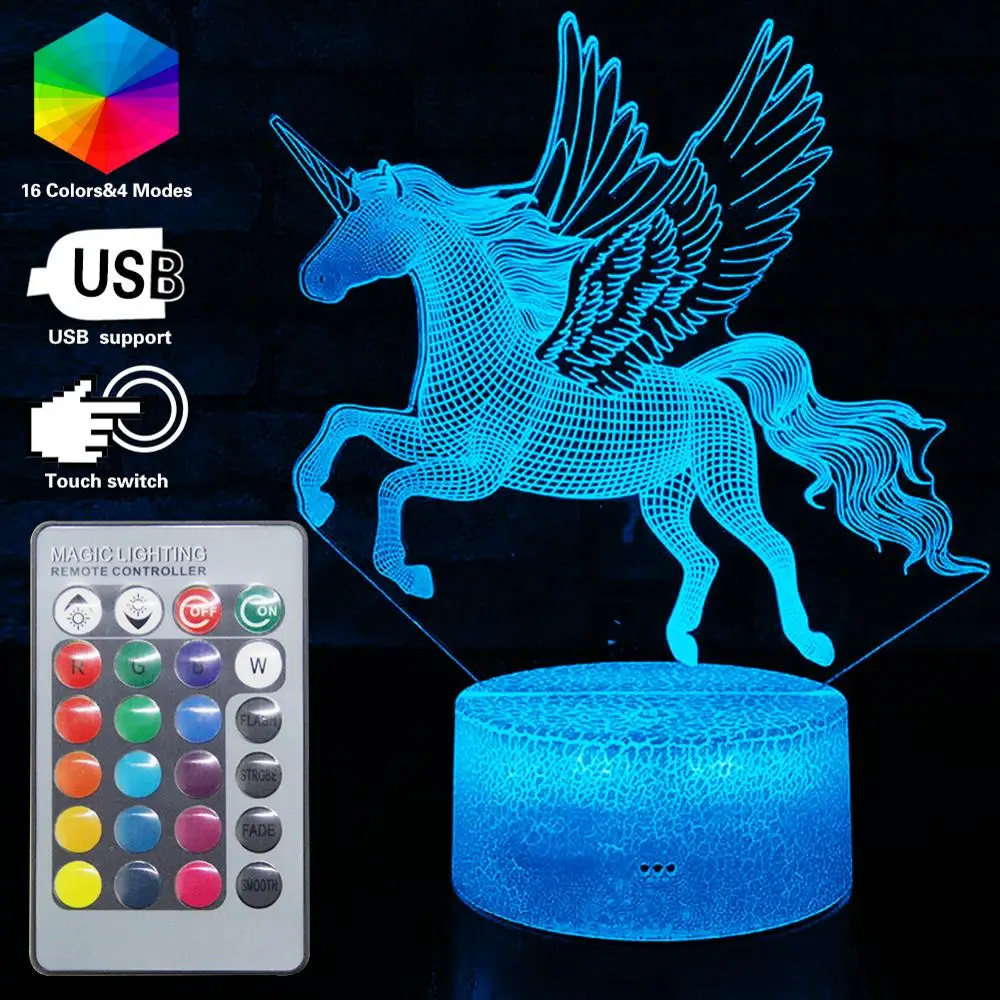 16 Color Unicorn 3D Lamp Pegasus LED Night Light Baby Sleeping Bedroom Table Lamp Remote NightLamp Luminaria Kids Birthday Gifts