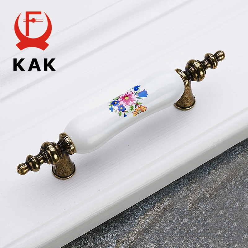 KAK Antique Bronze Ceramic Cabinet Handles Zinc Alloy Drawer Knobs Wardrobe Door Handles Morning Glory European Furniture Handle