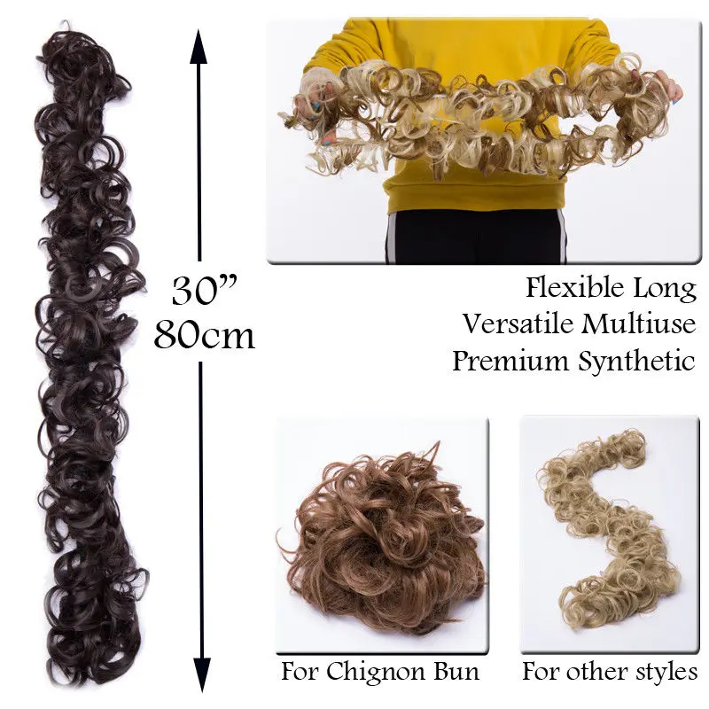 HAIRRO Synthetic Elastic Hair Scrunchie Curly Chignons Hair Rope Natural Fake Hair Bun Curly Clip in Hair Ponytails Extension