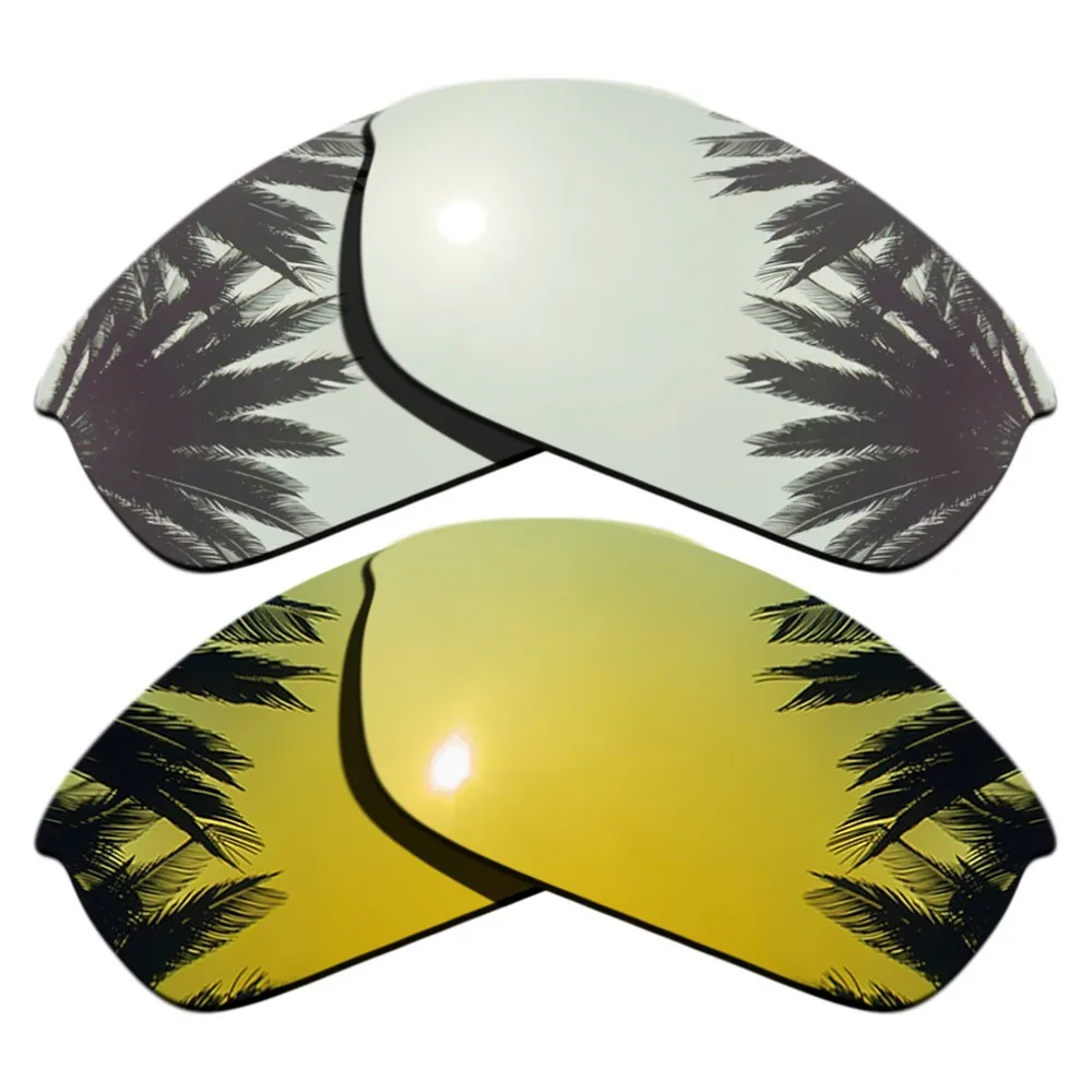 (Silver Mirrored+24K Gold Mirrored Coating) 2-Pairs Polarized Replacement Lenses for Flak Jacket 100% UVA & UVB Protection