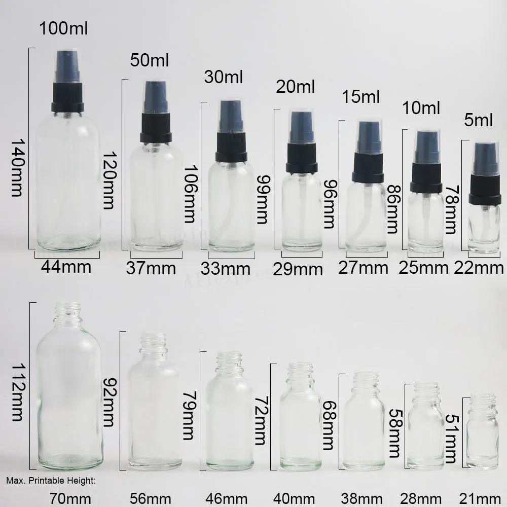 12 x lege reis helder 100 ml 50 ml 30 ml 20 ml 15 ml 10 ml 5 ml glazen fles etherische olie met pomp 1 oz glazen dispenserfles