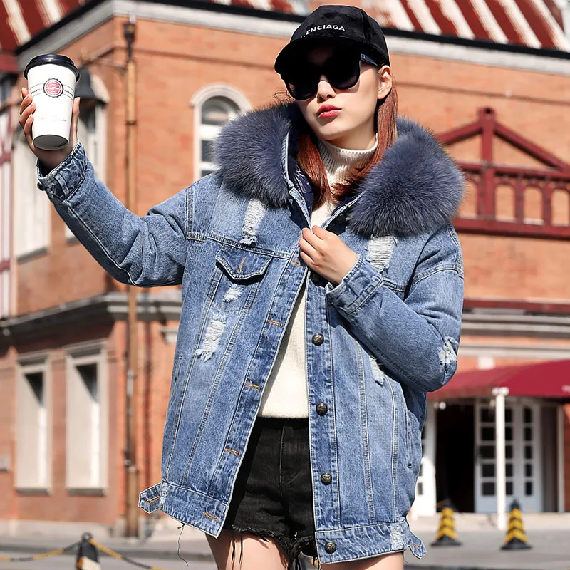 

High Quality Down Jacket Coat Women Winter Thicken Warm Jeans Denim Jacket Female Fox Fur Collar Hooded Parka Coat Down Overcoat