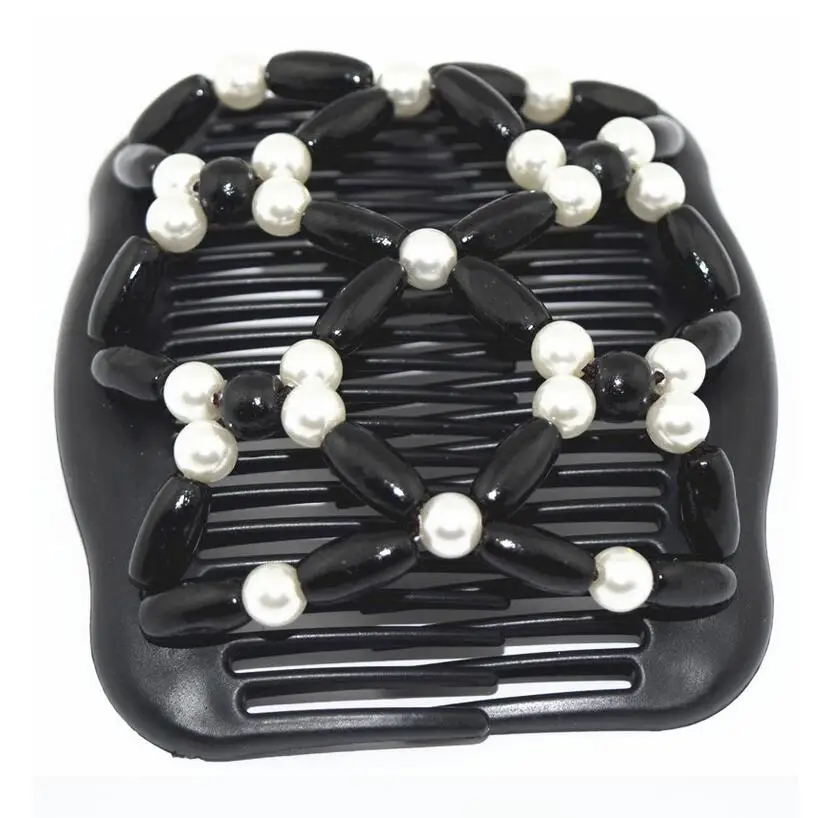 

20pcs/lot Black and pearl hot sale elastic beaded double twin headwear magic hair comb clips for woman fashion jewlery