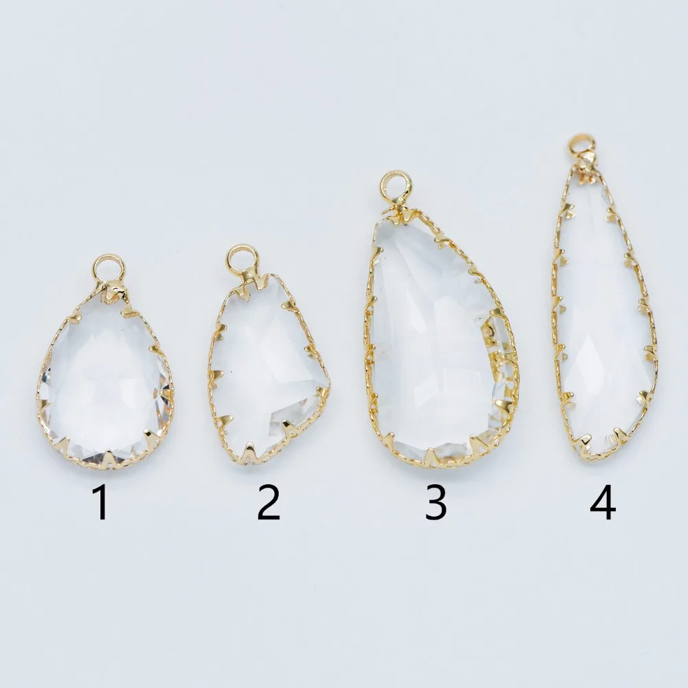 

4pcs Gold Framed Clear Dangle Charms, Gold plated Brass Crystal Glass Pendants (GB-550)