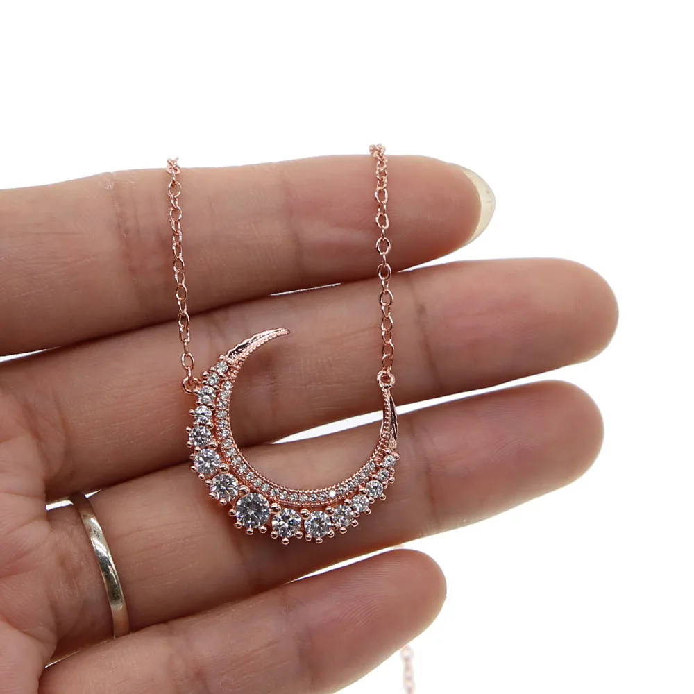 fashion crescent cz moon necklace rose gold color AAA sparking bling cubic zirconia top quality women lady lovely moon chain