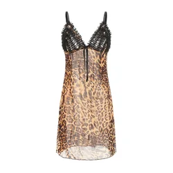 Leopard Print Night Dress Frill Trim Nightwear Sexy Lingerie Soft Nightgown Pijamas Women Mesh Babydoll V Neck Robe