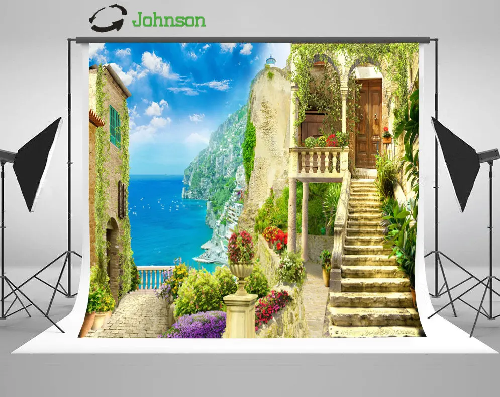 Sea Coastal Patio Cottage Staircase Flower Leaves background polyester or Vinyl cloth Computer print wedding backdrop