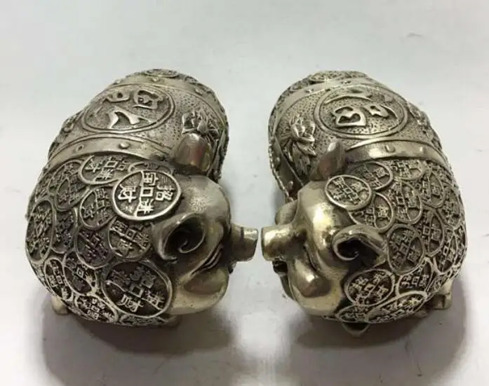 

China white copper hand-carved brass money pig A pair