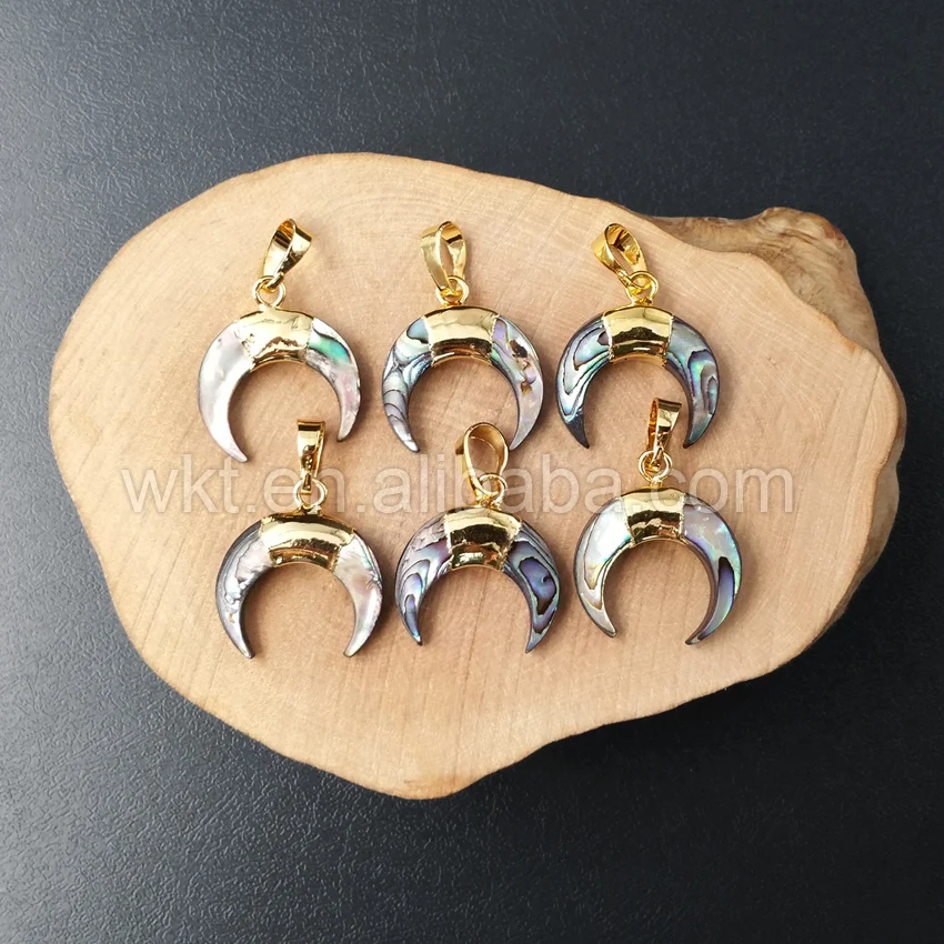 WT-P958 Lovely tiny abalone crescent horn pendant, 24k gold color shell abalone charm horn pendants