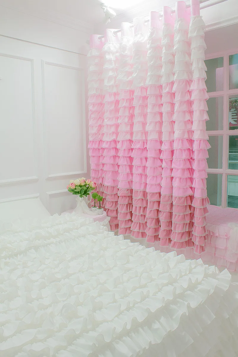 

Sweet PINK CURTAIN rainbow cake Ruffle Bedroom Cotton curtains Home luxury LivingRoom WINDOW curtains chiffon polyster curtains