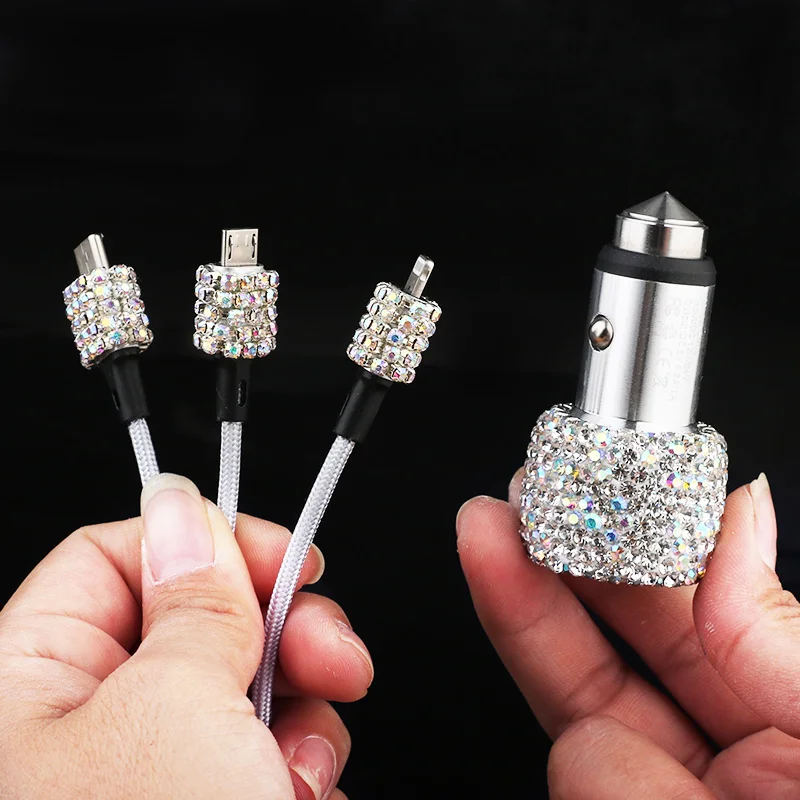 Dual USB Car Charger Bling Bling Handmade Rhinestones Crystal Car Decorations 3 in 1 Phone cable for Fast Charging