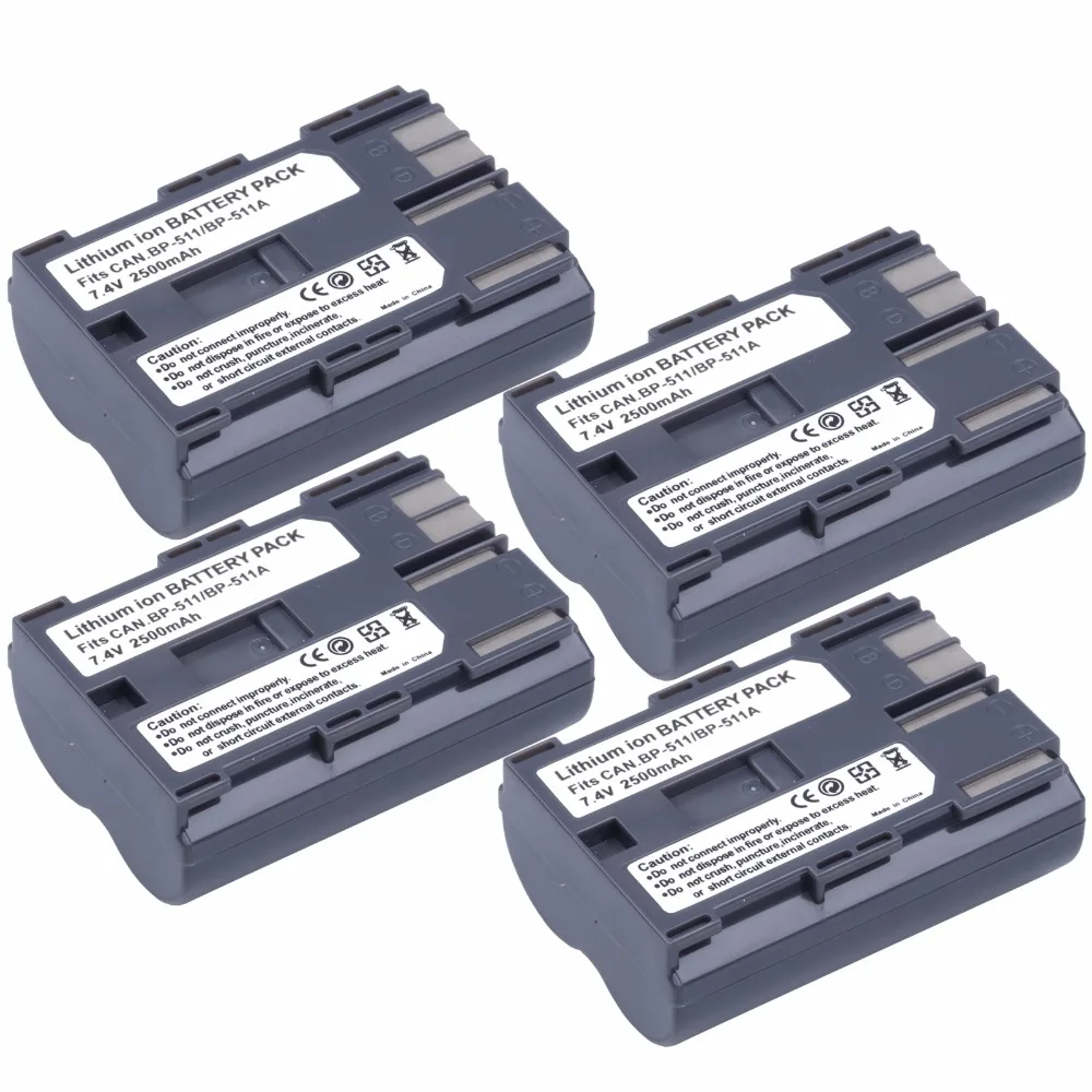 

4Pcs 2500mAh BP-511 BP511A Battery For Canon EOS 10D 20D 20Da 30D 40D 50D 300D D30 D60 PowerShot G1 G3 G3X G5 G G2 Camera