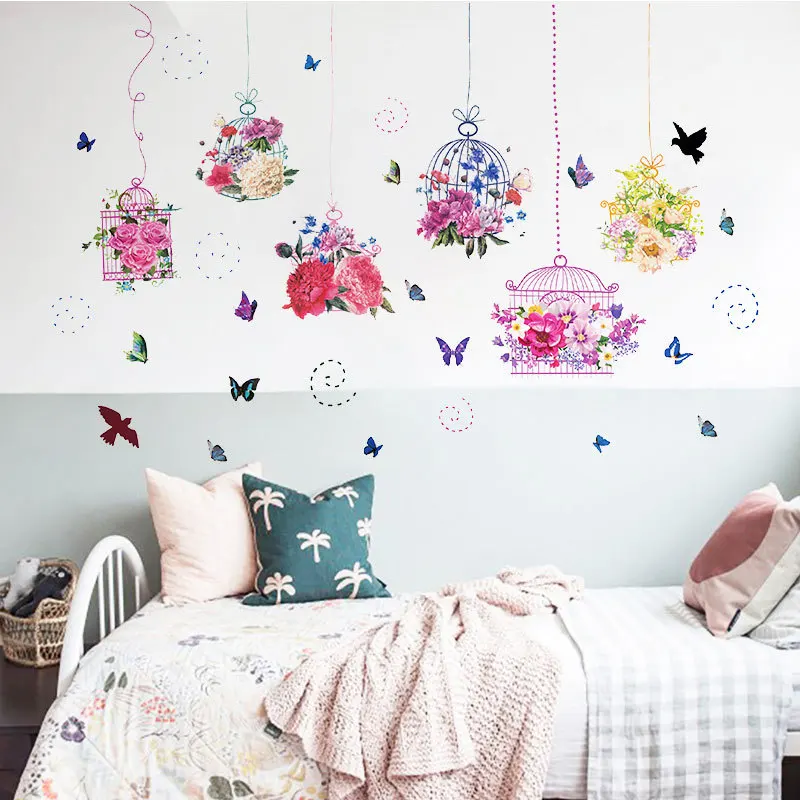 Pastoral Style Butterfly Flower Bird Cage Wall Sticker Living Room Bedroom Decorations Wallpaper Mural Removable Stickers