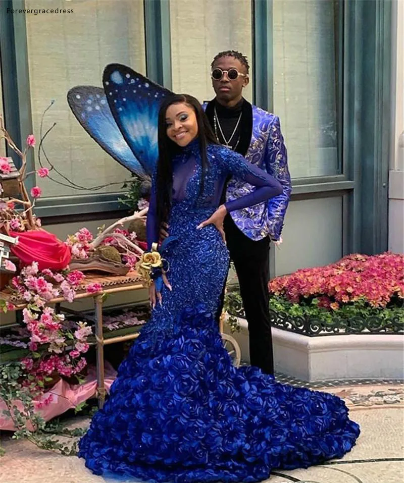 Royal Blue Prom Dresses Mermaid Long Sleeve Appliques Formal Pageant Holidays Wear Graduation Evening Party Gowns