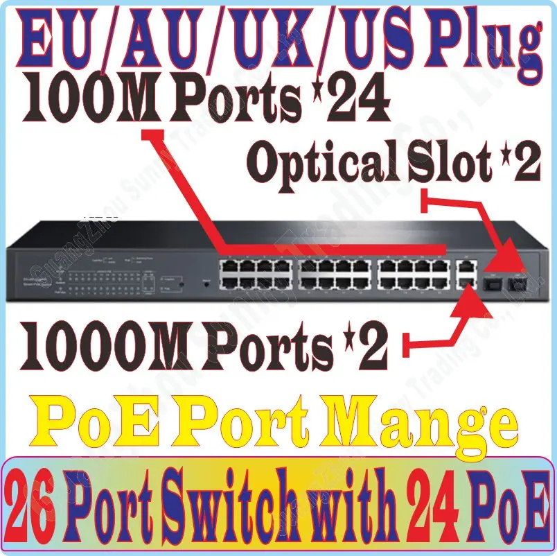 

28 ports POE Switch with 160Watt 24 POE ports Management, Supply Power to Camera/ AP, With 2* RJ-45 Gigabit Ports & 2*SFP Ports