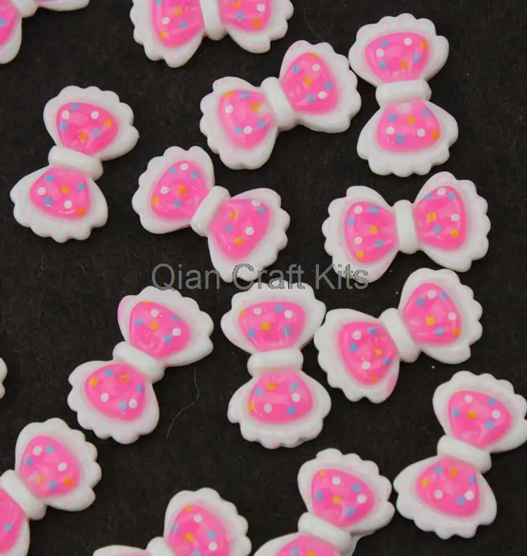 Set of 100pcs pink polka dot bow kawaii resin decoden cabochons (22x14x4mm) Cell phone decor, hair bow center craft kit sz1004