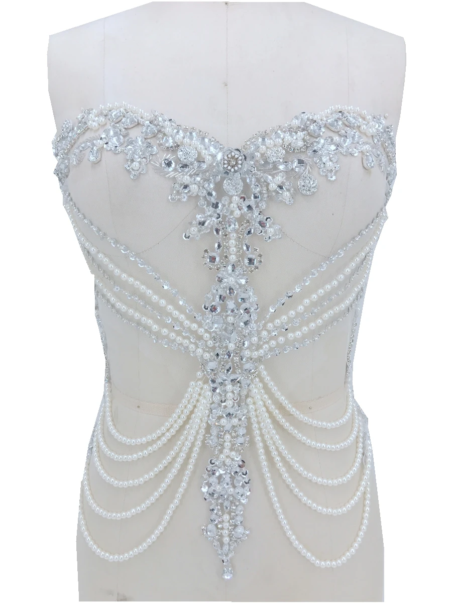 handmade sew on silver rhinestones applique on mesh peal crystals trim patches 45*38cm for wedding dress accessories