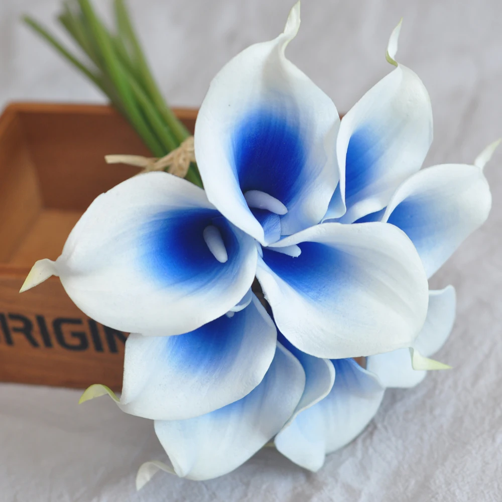 9pcs Real Touch Unique Blue Artificial Picasso Calla Lilies Flower Arrangement for Wedding Bouquet and Home Decor