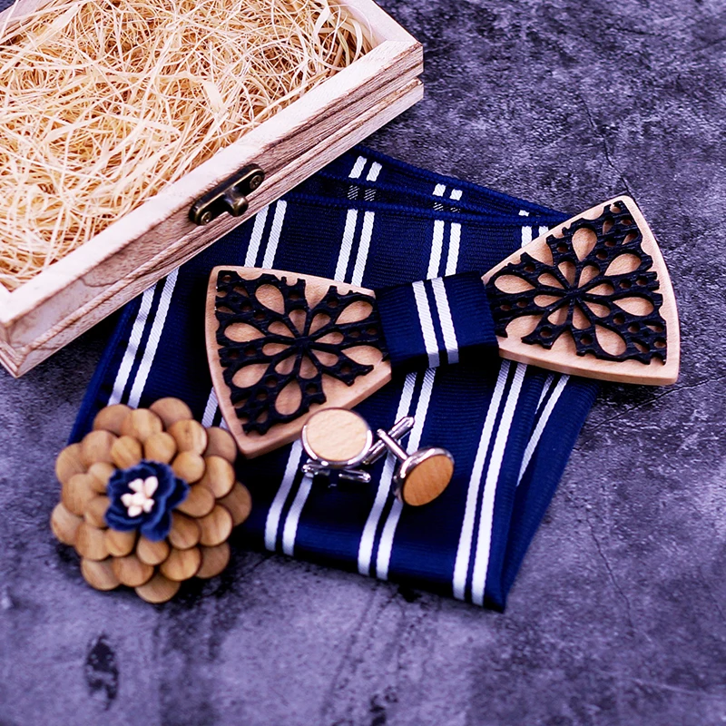 Di legno Uomini Bowtie Patchwork Cravatta Accessorio Festa di Nozze Regali Di Natale In Legno degli uomini del Ragazzo di Usura del Collo per le Donne Degli Uomini Cravatta SET