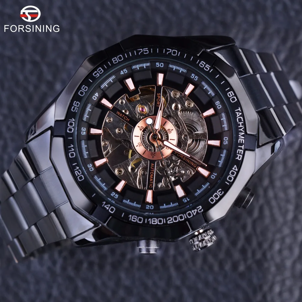 Forsining Sport Racing Series Skeleton Stainless Steel Black Golden Dial Top Brand Luxury Watches Men Automatic Watch Clock Men
