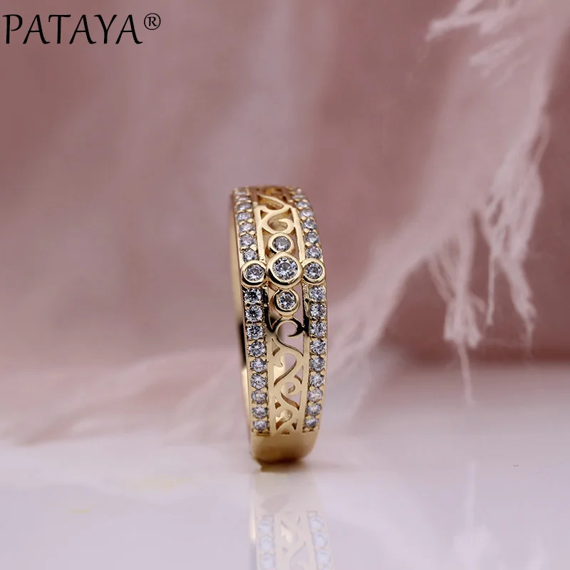 PATAYA New Women Rings 585 Rose Gold Color Micro Wax Inlay White Round Natural Zircon Fine Fashion Jewelry Luxury Hollow Rings