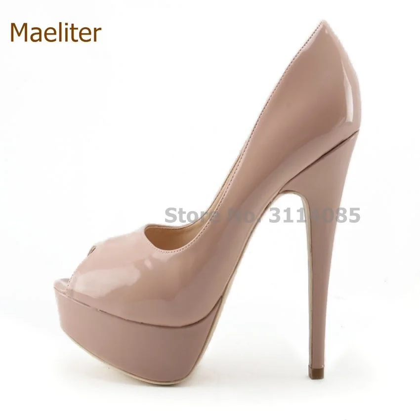 Women High Heels Fashion Peep Toe Pumps Lady Sexy Open Toe Wedding Shoes High Quality Nude Black Patent Leather Platform Shoes