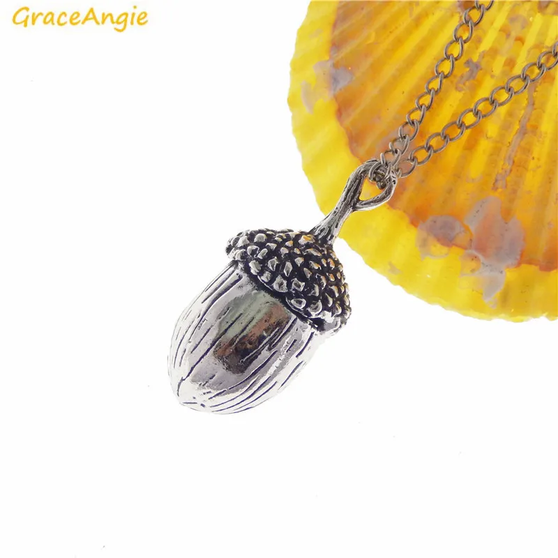 GraceAngie Alloy Silver Color 3D Acorn Pendant Necklace Metal Link Chain Punk Women Men Long Sweater Chain Jewelry Accessory