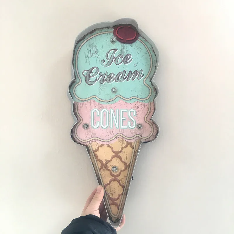 Ice Cream Cones LED Light Neon Sign, Vintage Home Wall Hanging Decor, Metal Advertising Signboard for Bar Cake Bakery Shop