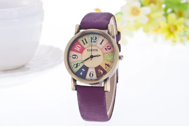 New Famous Brand Vintage Casual Quartz Watch Women Leather Strap Dress Watches Relogio Feminino Rainbow Color Number Clock Hot