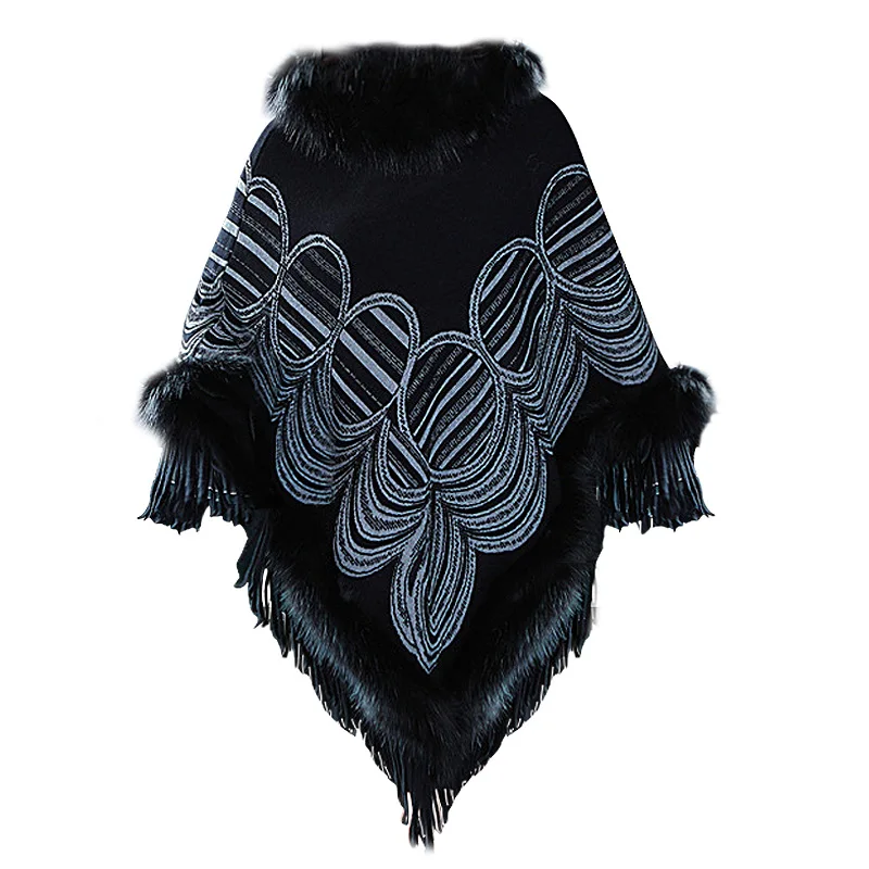 Winter Knitted Poncho Cape Fur Loose Pullover Women Long Triangle Faux Cashmere Oversize Round Pattern Tassel Outstreet Coat